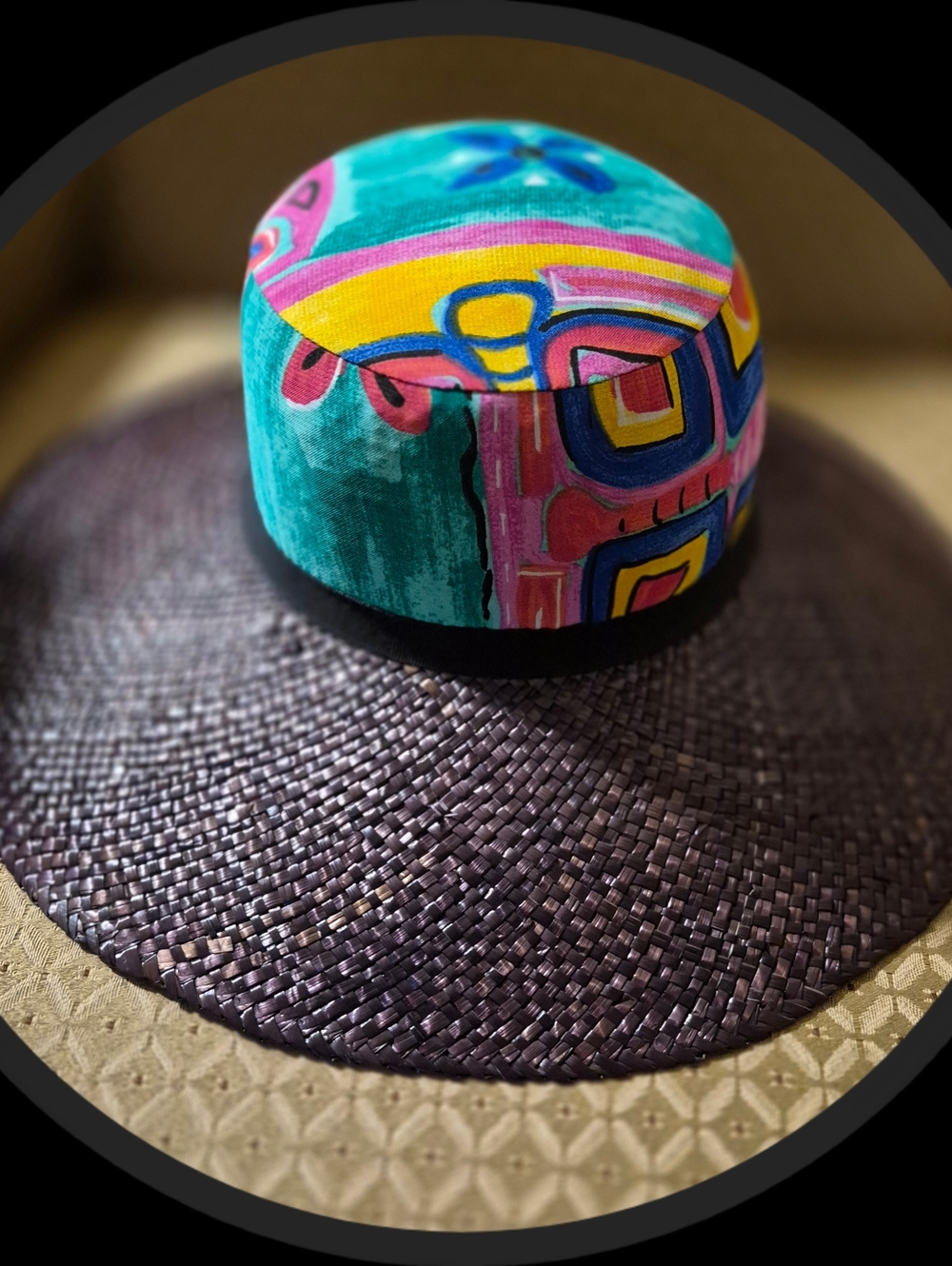 Banash Boston Vintage '70-'80's Black Wide Brim Hat w/Abstract Fabrique Crown